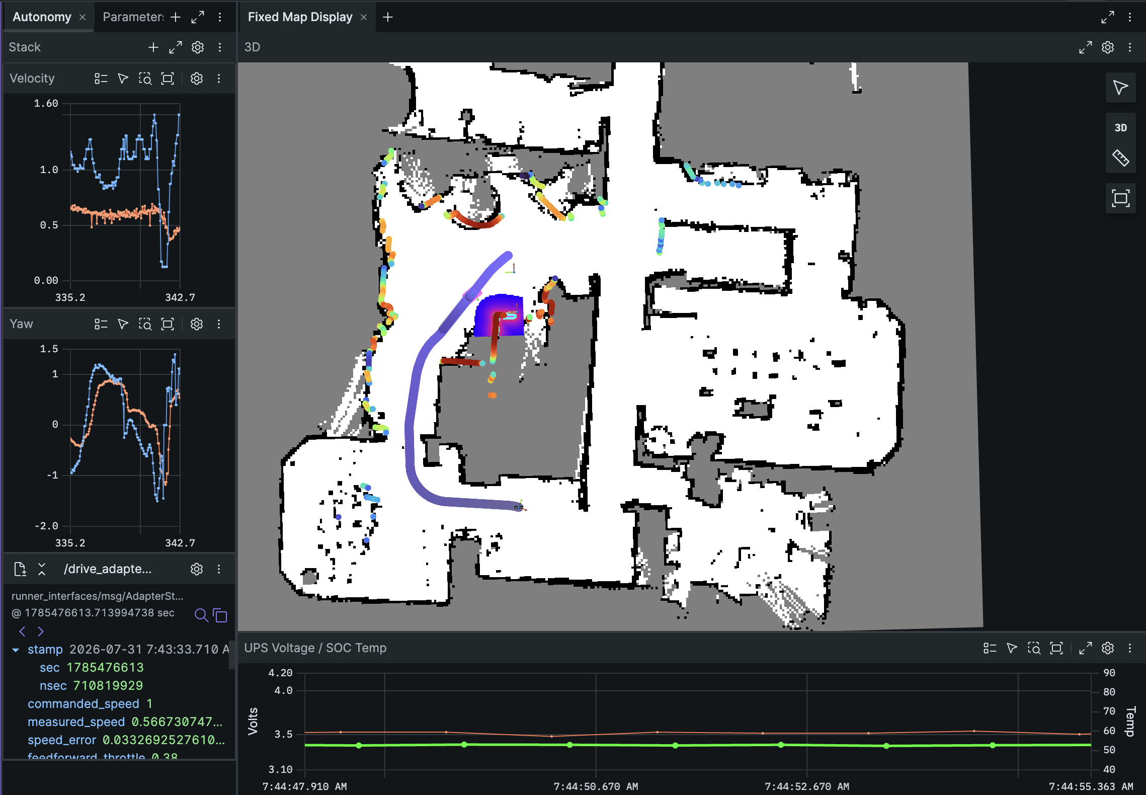 Foxglove Studio showing live PreRunner telemetry: map, LiDAR scan, and navigation state