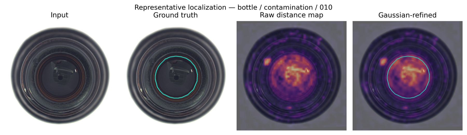 An anomaly heatmap localizing a defect on an industrial inspection sample