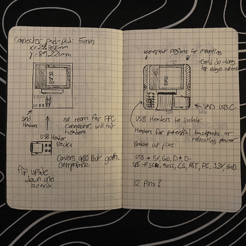Engineering notebook sketches for an ESP32 display prototype